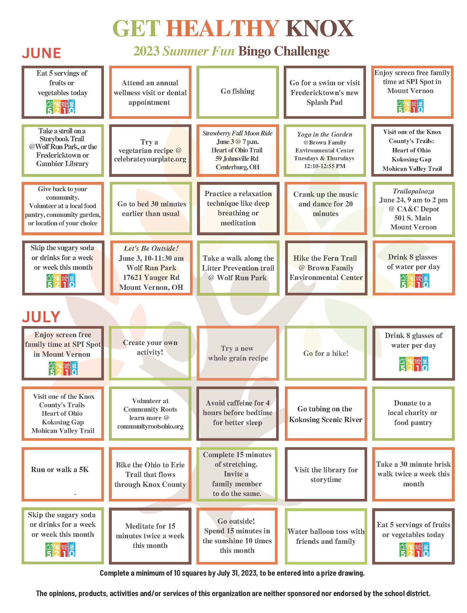 Get Healthy Knox County's Summer Fun Bingo Challenge